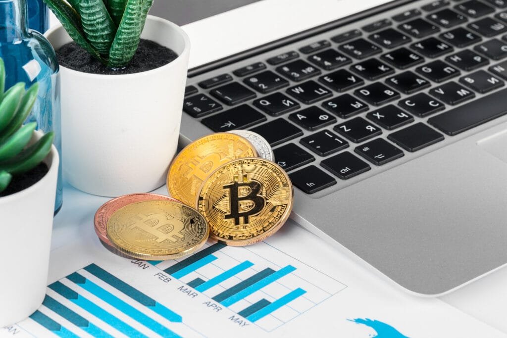 Bitcoin, chart, and US dollar. Financial trading